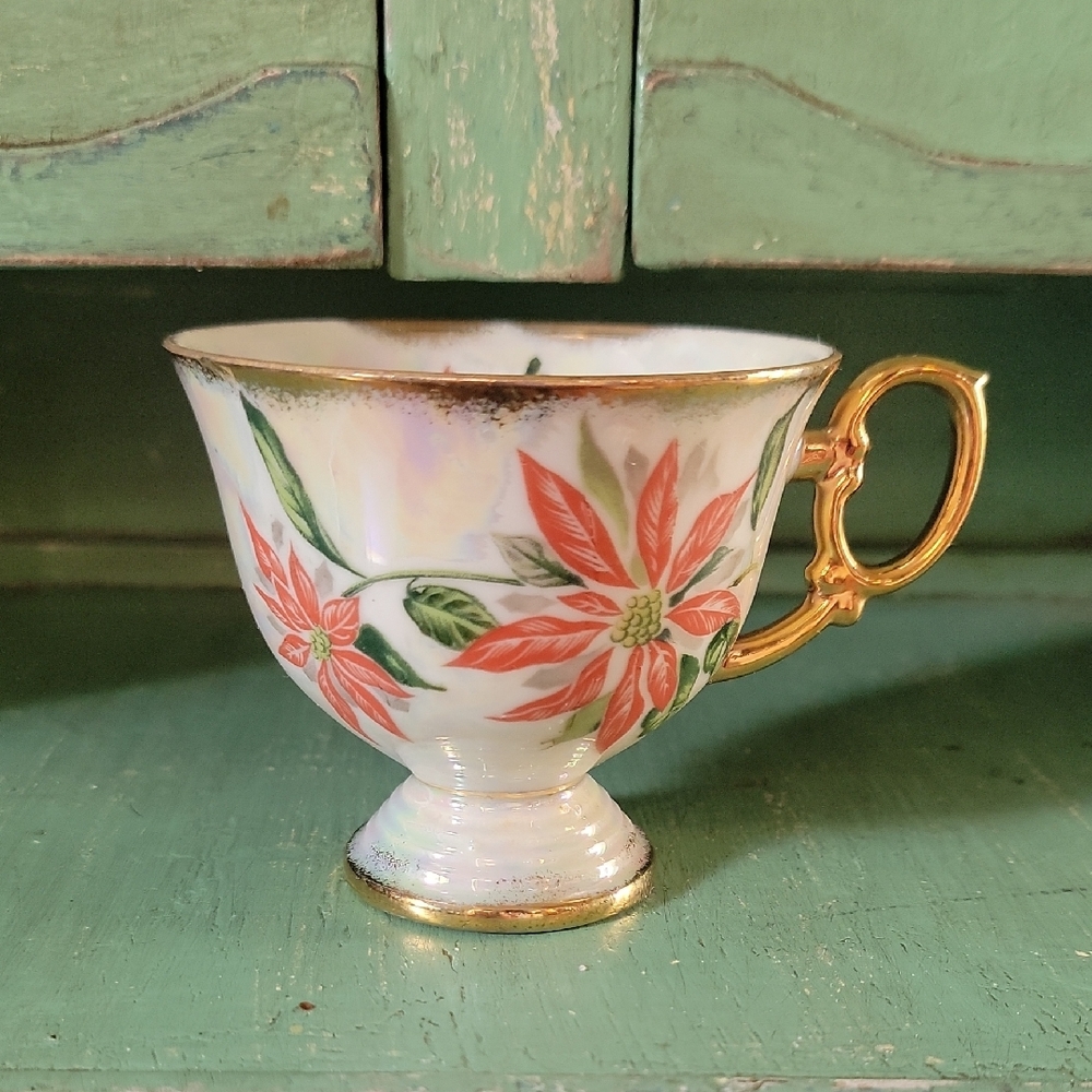 Vintage Floral Teacup with Gold Handle December Poinsettia Holiday Gold